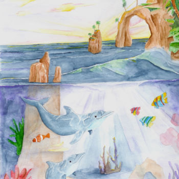 Painting titled "Dolphins" by Paul Meier, Original Artwork, Watercolor