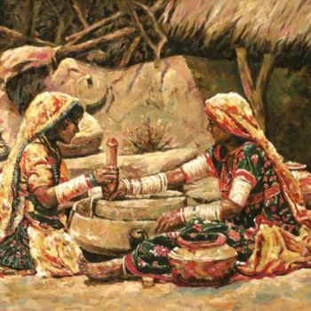Pintura titulada "Hand-Mill" por Imran Zaib, Obra de arte original