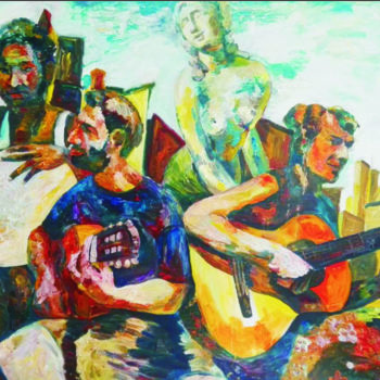 Painting titled "musiciens de Grenob…" by Muxian Declerck, Original Artwork, Oil