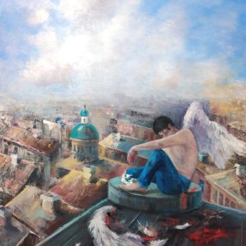 Painting titled "The Wounded Angel" by Ina Melidou, Original Artwork, Oil Mounted on Wood Stretcher frame