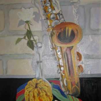 Painting titled "Sax and Squash" by Inara Cedrins, Original Artwork, Oil