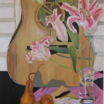 Ζωγραφική με τίτλο "Guitar and Lilies" από Inara Cedrins, Αυθεντικά έργα τέχνης, Λάδι