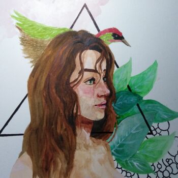 Painting titled "Green Woodpecker" by Indi'Go, Original Artwork, Watercolor