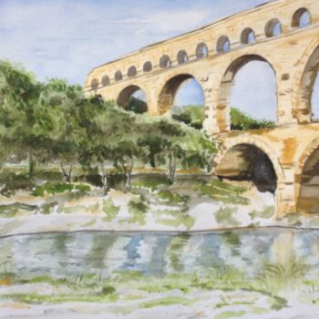 Pintura intitulada "Le pont du Gard" por Graywolf Rm (Indian Héritage Arts), Obras de arte originais, Aquarela