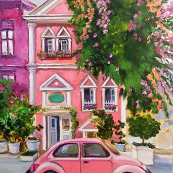 Painting titled "Pink car" by Inés Brasquet, Original Artwork, Oil