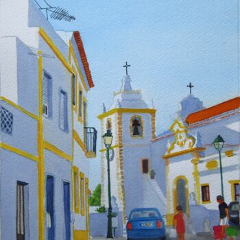 Картина под названием "Recanto com Igreja…" - Inês Dourado, Подлинное произведение искусства, Акварель