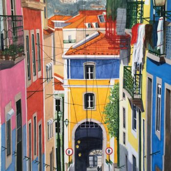 Malerei mit dem Titel "Calçada da Bica (Bi…" von Inês Dourado, Original-Kunstwerk, Aquarell