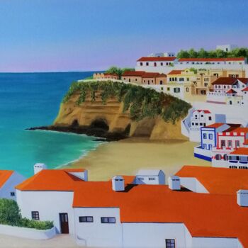 Painting titled "Carvoeiro Beach VII…" by Inês Dourado, Original Artwork, Oil Mounted on Wood Stretcher frame