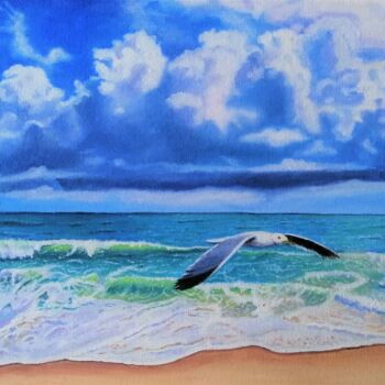 Pintura intitulada "O mar e a gaivota" por Inês Dourado, Obras de arte originais, Óleo