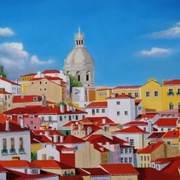 Painting titled "Lisboa Luminosa e C…" by Inês Dourado, Original Artwork, Oil Mounted on Wood Stretcher frame