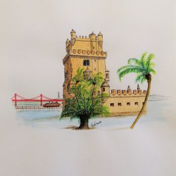 Schilderij getiteld "Torre de Belém II,…" door Inês Dourado, Origineel Kunstwerk, Aquarel