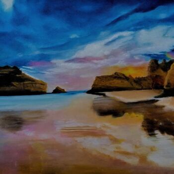 Pintura intitulada "Pôr do sol na Praia…" por Inês Dourado, Obras de arte originais, Óleo