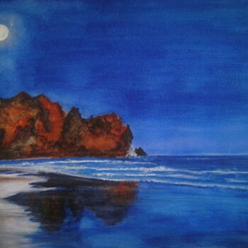 Painting titled "Luar na Praia dos 3…" by Inês Dourado, Original Artwork, Watercolor