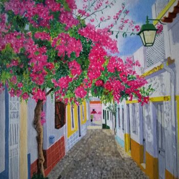 Картина под названием "Uma Rua florida de…" - Inês Dourado, Подлинное произведение искусства, Масло Установлен на Деревянная…