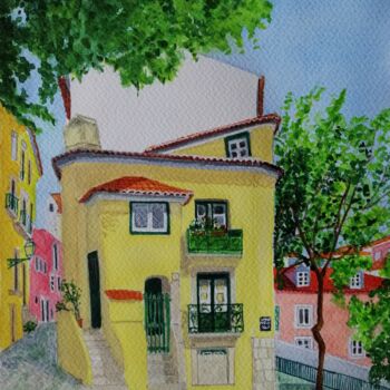 Pintura intitulada "A Casa Amarela Quin…" por Inês Dourado, Obras de arte originais, Aquarela