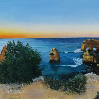 Картина под названием "Por do sol, Praia d…" - Inês Dourado, Подлинное произведение искусства, Масло Установлен на Деревянна…