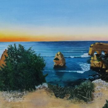 Painting titled "Por do sol, Praia d…" by Inês Dourado, Original Artwork, Oil Mounted on Wood Stretcher frame