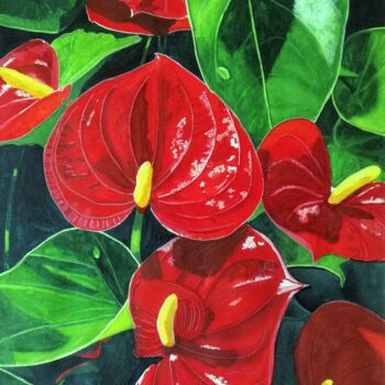 Pintura intitulada "Antúrios Vermelhos" por Inês Dourado, Obras de arte originais, Aquarela