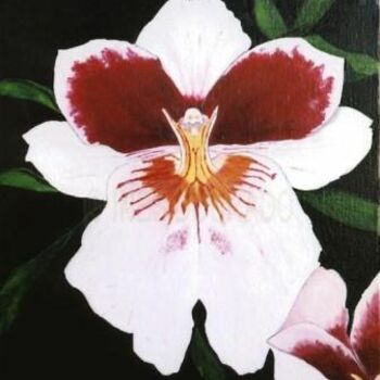 Painting titled "Orquidea (Orchid)" by Inês Dourado, Original Artwork, Oil Mounted on Wood Stretcher frame