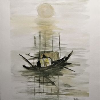 Pintura intitulada "Pescando ao pôr-do-…" por Inês Dourado, Obras de arte originais, Aquarela