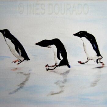 Schilderij getiteld "Pinguins patinadore…" door Inês Dourado, Origineel Kunstwerk, Aquarel