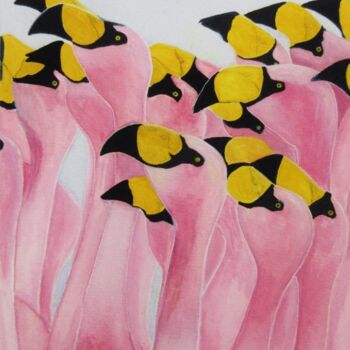 Painting titled "Dança dos Flamingos" by Inês Dourado, Original Artwork, Watercolor