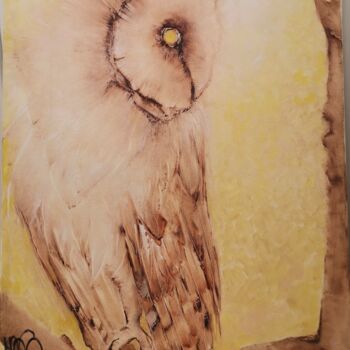 Painting titled "owl yellow" by Inesa Mur, Original Artwork, Oil