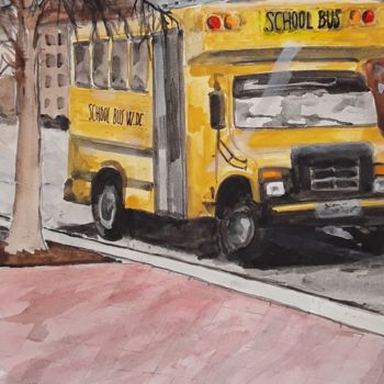 Schilderij getiteld "School bus in Washi…" door Inès Ben Gadha Boufarès (Inès b.), Origineel Kunstwerk, Aquarel