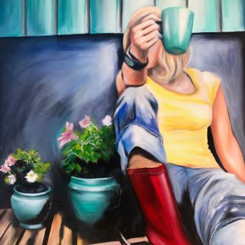 Painting titled "Tea break" by Inessa Ivascanin, Original Artwork, Acrylic Mounted on Wood Stretcher frame