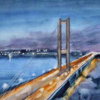 Painting titled "Bridge At Sunset" by Inessa S, Original Artwork, Watercolor