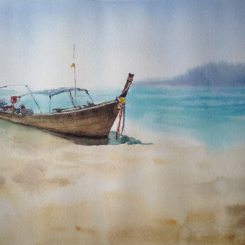 Painting titled "Boat on the Coast" by Inessa S, Original Artwork, Watercolor