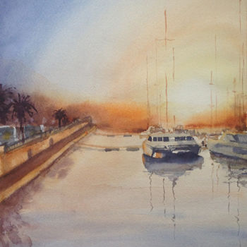 Painting titled "Sunset at the pier" by Inessa S, Original Artwork, Watercolor