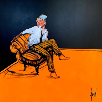 Painting titled "Le salon orange" by David Jamin, Original Artwork, Acrylic Mounted on Wood Stretcher frame