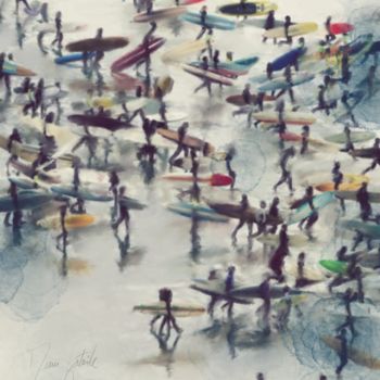 Arts numériques intitulée "Foule sur la plage" par Manu Bataille, Œuvre d'art originale, Peinture numérique Monté sur Plexig…