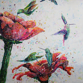 Painting titled "HUMMINGBIRDS" by Silke Host, Original Artwork, Acrylic Mounted on Wood Stretcher frame