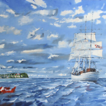 Painting titled "Ship Danmark passin…" by Jan Erichsen, Original Artwork, Oil