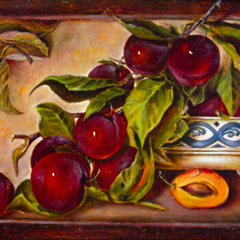 Peinture intitulée "A branch of red plu…" par Inga Loginova, Œuvre d'art originale, Huile