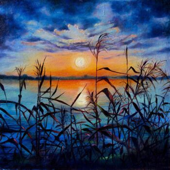 Картина под названием "Sunset on the river…" - Inga Loginova, Подлинное произведение искусства, Масло