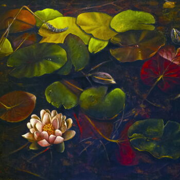Painting titled "WATER LILIES IN MAR…" by Inga Loginova, Original Artwork, Oil Mounted on Wood Stretcher frame