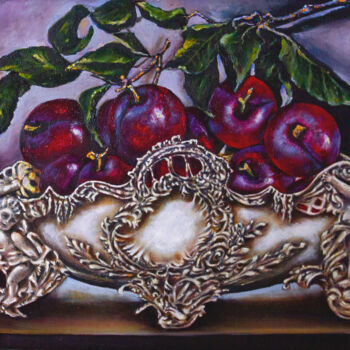 Painting titled "Plums in an antique…" by Inga Loginova, Original Artwork, Oil