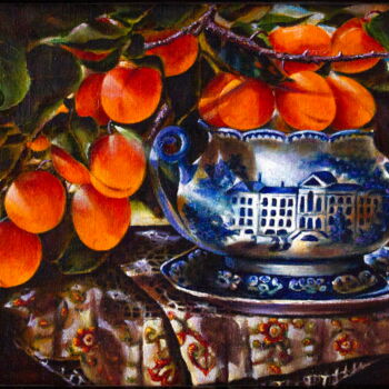 Painting titled "APRICOT BRANCH IN A…" by Inga Loginova, Original Artwork, Oil Mounted on Wood Stretcher frame
