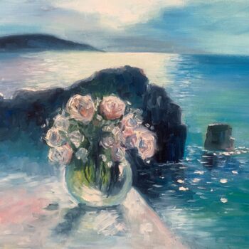 Malerei mit dem Titel "Roses on the seaside" von Inga Savina, Original-Kunstwerk, Öl