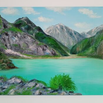 Painting titled "Mountain Lake" by Inga Shaihrazieva, Original Artwork, Oil Mounted on Wood Stretcher frame