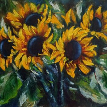 Painting titled "Sunflower" by Inga Shaihrazieva, Original Artwork, Oil Mounted on Wood Stretcher frame