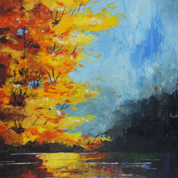 Painting titled "reflet d'automne" by Ingrid Budai, Original Artwork, Oil Mounted on Wood Stretcher frame