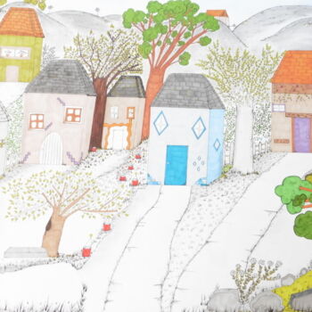Dessin intitulée "Village Coloré" par Ingrid Clergeaud, Œuvre d'art originale, Crayon