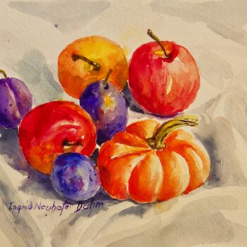 Painting titled "Apples Plums Pumpkin" by Ingrid Dohm, Original Artwork, Watercolor