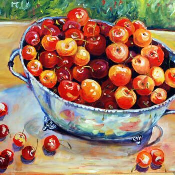 Painting titled "Cherries" by Ingrid Dohm, Original Artwork, Oil