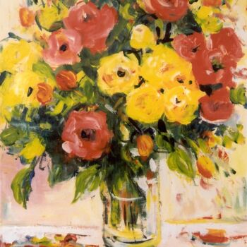Schilderij getiteld "Yellow and Red Roses" door Ingrid Dohm, Origineel Kunstwerk, Olie