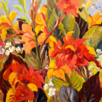 Painting titled "Canna Lilies" by Ingrid Dohm, Original Artwork, Oil
